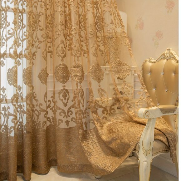 2Panels Vintage Luxe Golden Jacquard Sheer Curtains With Grommet Top - Picture 4 of 12